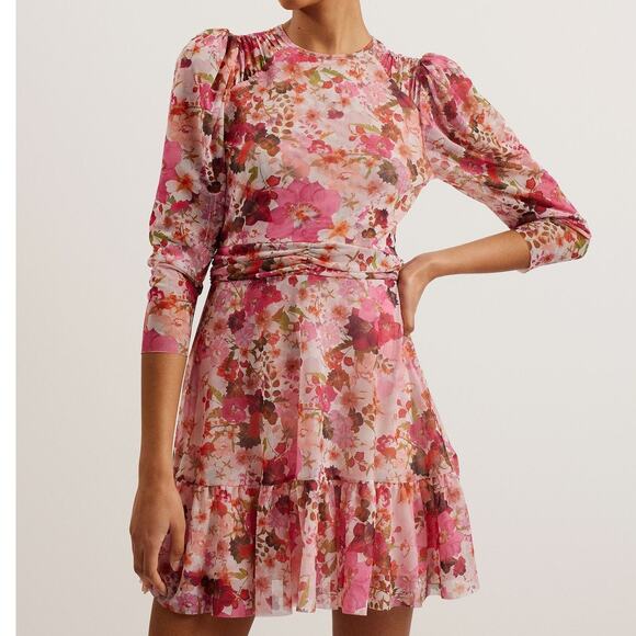 TED BAKER NWT Mildrd Mesh Mini Dress Pink Ruffle Shoulder Gathers Women's 0 - Picture 1 of 10